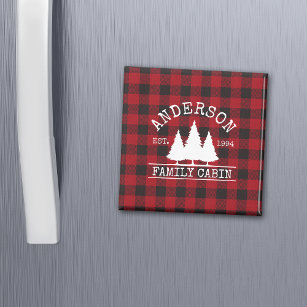 Cabin Family Name Red Buffalo Plaid Square Magnet