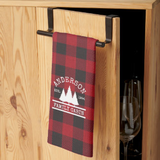 Cabin Family Name Red Buffalo Plaid Tea Towel