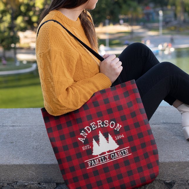 Cabin Family Name Red Buffalo Plaid Tote Bag (Customize to change text size or text style.)