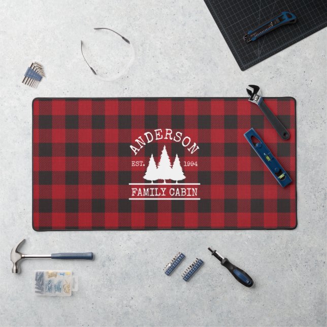 Cabin Family Name Red Buffalo Plaid Work Mat (Workstation)