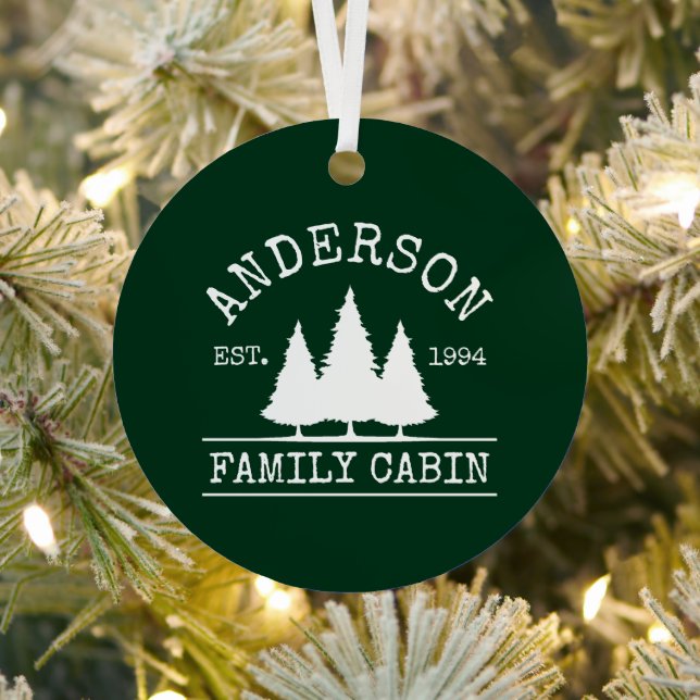 Cabin Family Name Rustic Forest Green Metal Tree Decoration (Insitu)