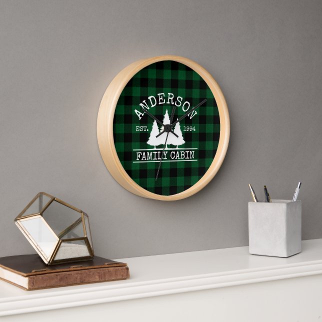 Cabin Family Name Rustic Green Buffalo Plaid Clock (Office)