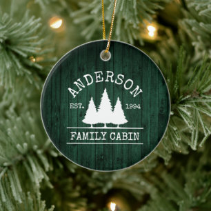 Cabin Family Name Rustic Green Wood Forest Ceramic Tree Decoration