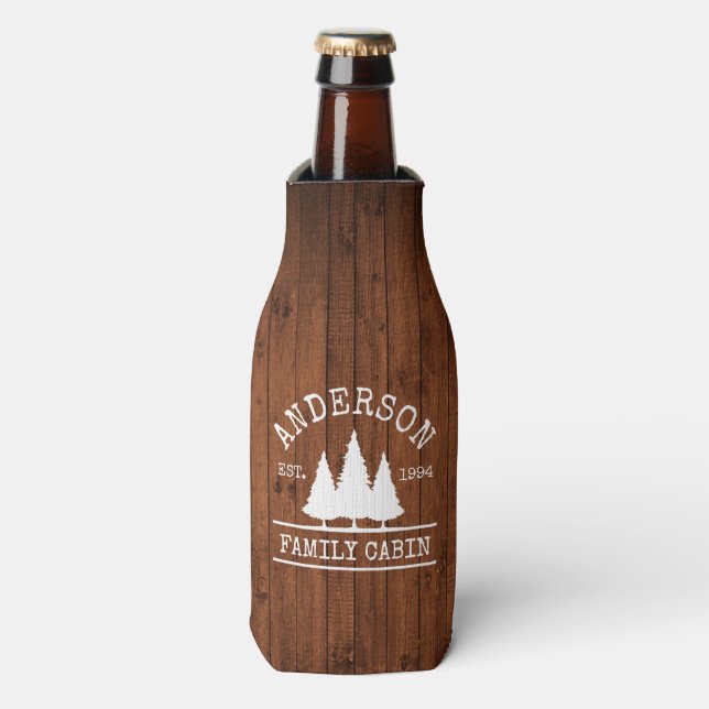 Cabin Family Name Rustic Wood Forest Bottle Cooler (Bottle Front)