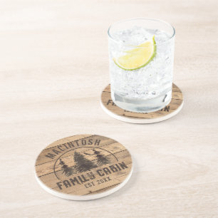 Cabin Family Name Rustic Wood Personalised Coaster