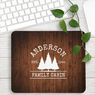 Cabin Family Name Rustic Wood Print Mouse Mat
