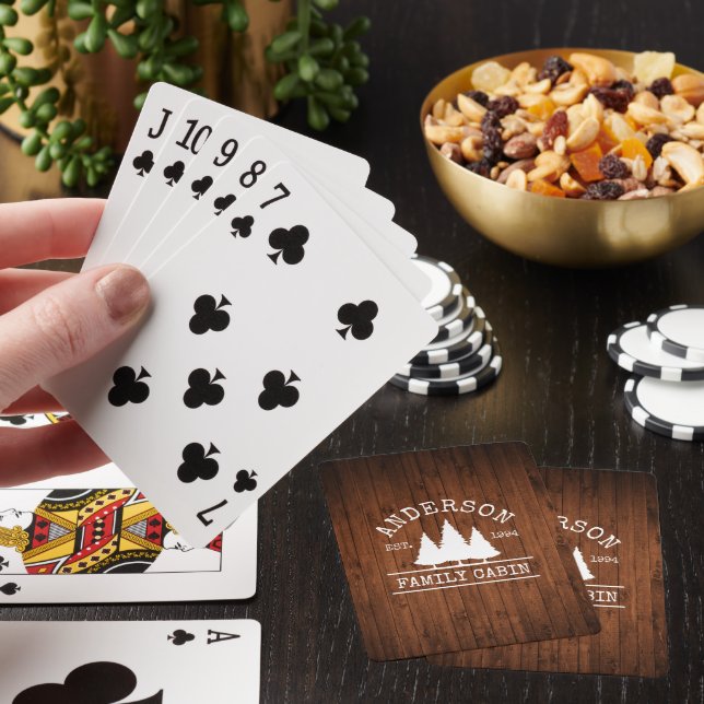 Cabin Family Name Rustic Wood Print Playing Cards (In Situ)