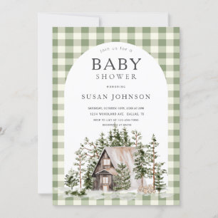 Cabin Forest Woodland Green Check Baby Shower Invitation