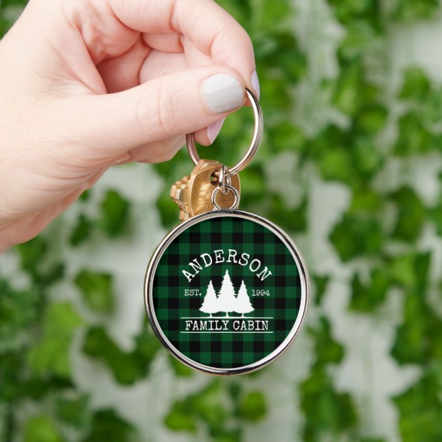 Cabin Green Buffalo Plaid Family Name Key Ring (Hand)