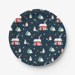 Cabin House and Snowmen Art Pattern Paper Plate