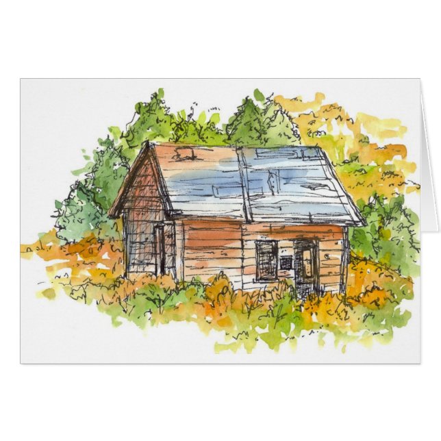 Cabin House Autumn Trees Pen and Ink Sketch (Front Horizontal)