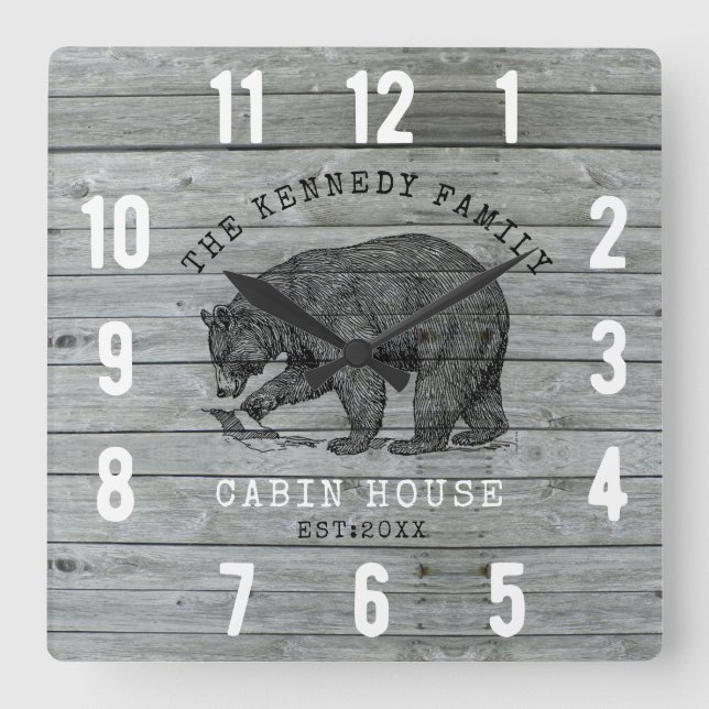 Cabin House Family Name Black Bear Grey Wood   Square Wall Clock (Front)