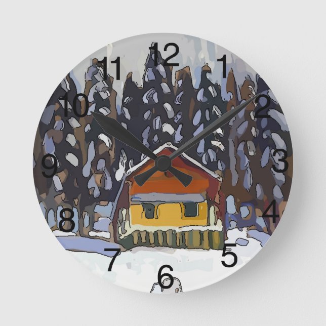 Cabin In Snow Round Clock (Front)