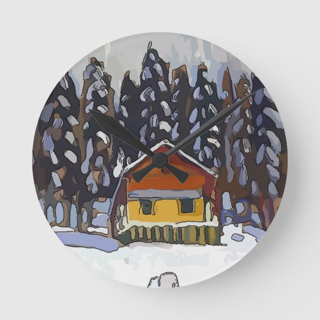 Cabin In Snow Round Clock (Front)