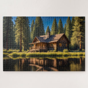 Cabin in the Forest by the River Jigsaw Puzzle