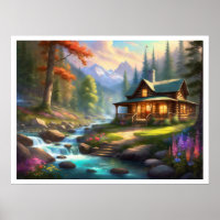 Cabin In The Mountains Stream Wildflowers Light On