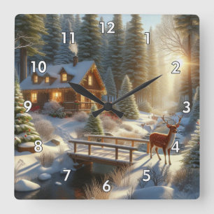 Cabin in the Snow Filled Woods with Deer Square Wall Clock