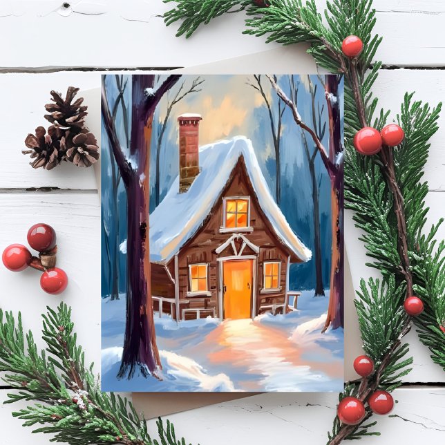 Cabin in the Snowy Winter Woods Christmas Holiday Card (Creator Uploaded)