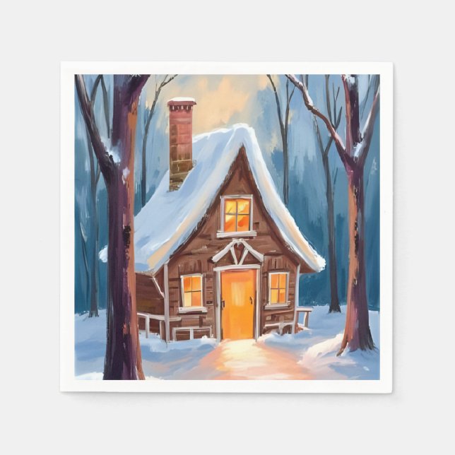 Cabin in the Snowy Winter Woods Christmas Napkin (Front)