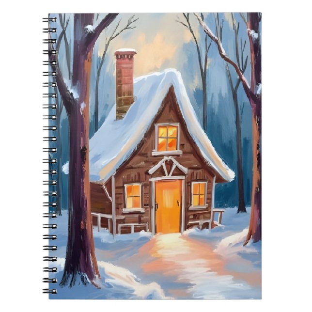 Cabin in the Snowy Winter Woods Christmas Notebook (Front)
