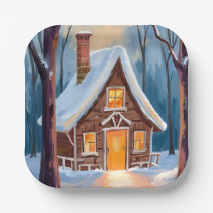 Cabin in the Snowy Winter Woods Watercolor Paper Plate