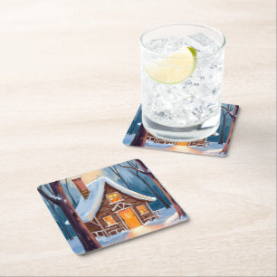 Cabin in the Snowy Winter Woods Watercolor Square Paper Coaster