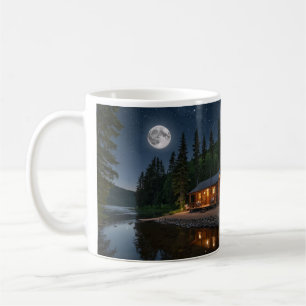 Cabin in the woods at night coffee mug