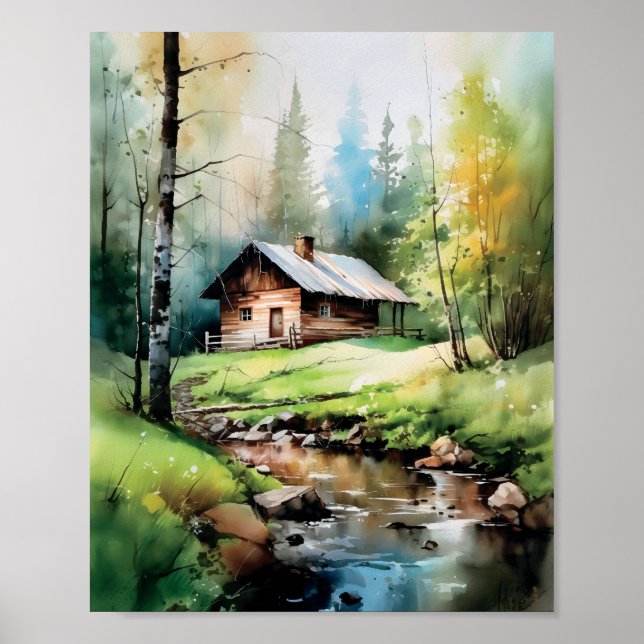 Cabin In The Woods Springtime Watercolor Poster (Front)