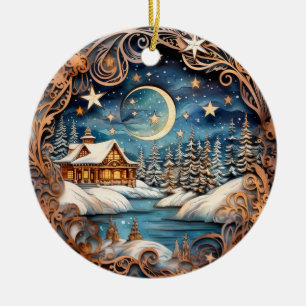 Cabin In The Woods Winter Night Ceramic Tree Decoration