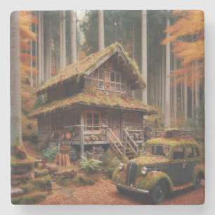 Cabin in the Woods with an Antique Automobile Stone Coaster
