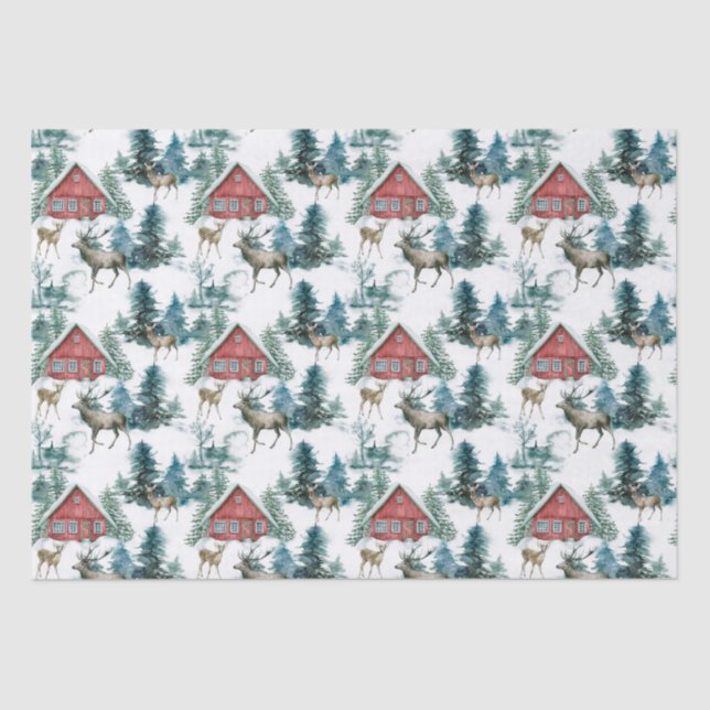 Cabin in woods with deer and snowy trees tissue paper (Front)