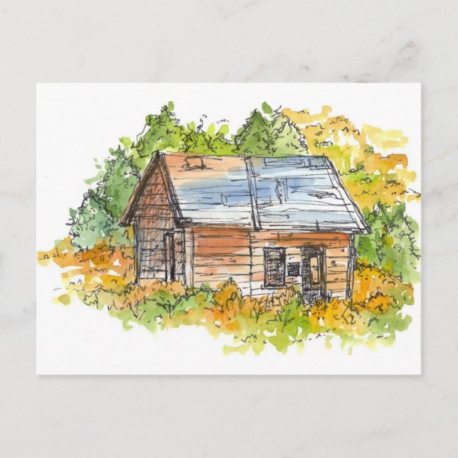 Cabin Ink Pen Sketch Watercolor Landscape Postcard (Front)