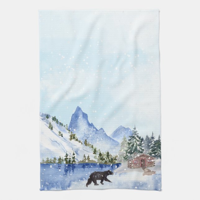 Cabin, Lake, Mountains, Trees, Bear Winter Scene Tea Towel (Vertical)