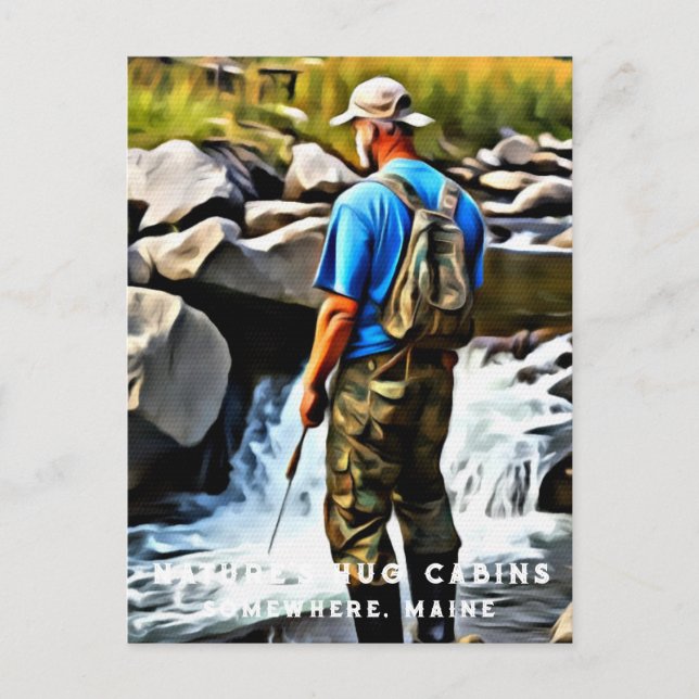 *~* Cabin Man Sun Fishing Stream Maine AP49  Postcard (Front)