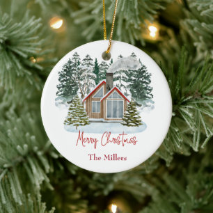 Cabin Merry Christmas Customizable Name   Ceramic Tree Decoration