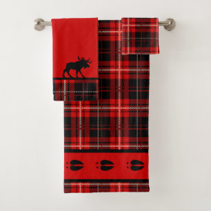 Cabin Moose Red and Black Plaid Bath Towel Set