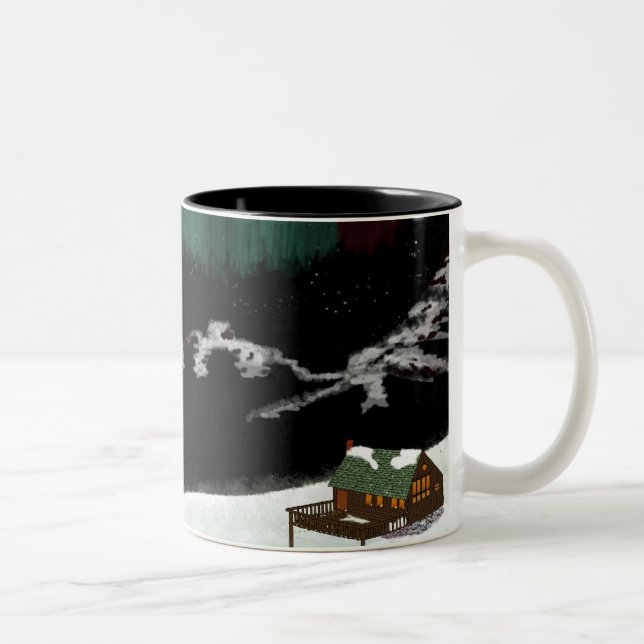 Cabin, mountains, aurora Two-Tone coffee mug (Right)