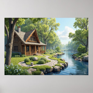 Cabin next to river in the woods poster
