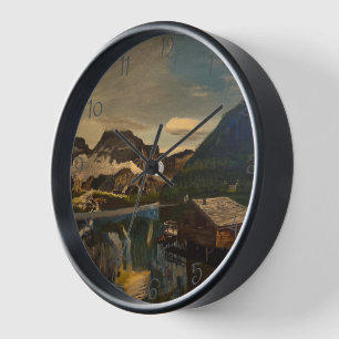 Cabin on Mountain Lake, by Gary Poling Clock