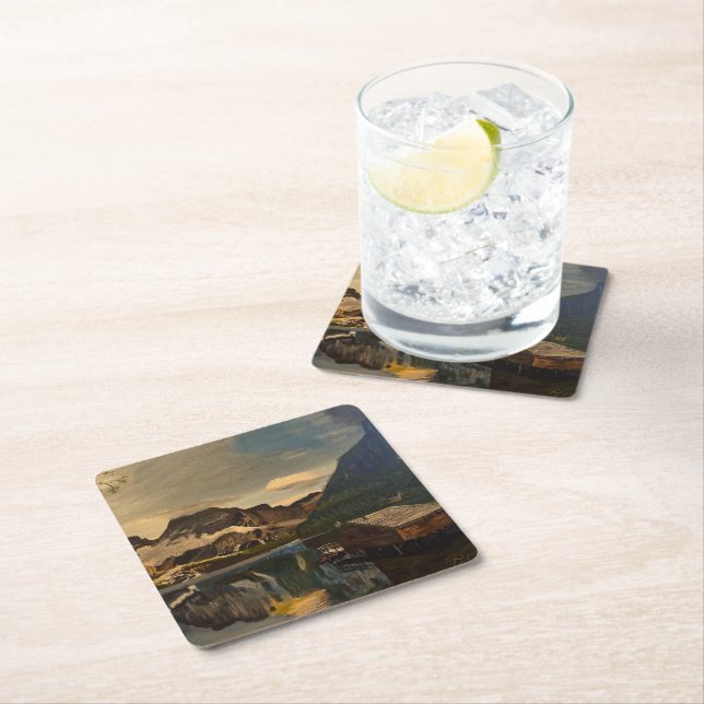 Cabin on Mountain Lake, by Gary Poling Square Paper Coaster (Insitu)