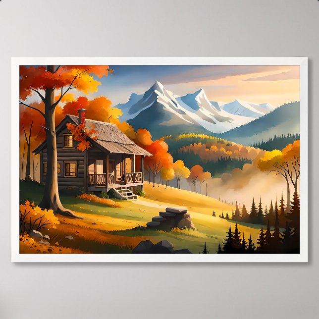Cabin Painting: Forest Harmony and Snowy Mountain Poster (Creator Uploaded)