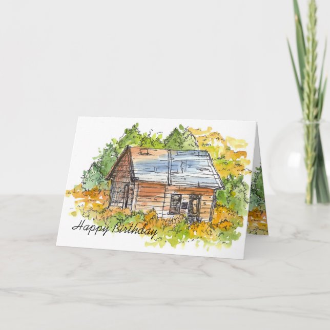 Cabin Pen and Ink Sketch Birthday Card Landscape (Front)