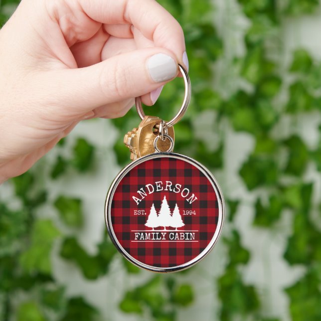 Cabin Red Buffalo Plaid Family Name Key Ring (Hand)