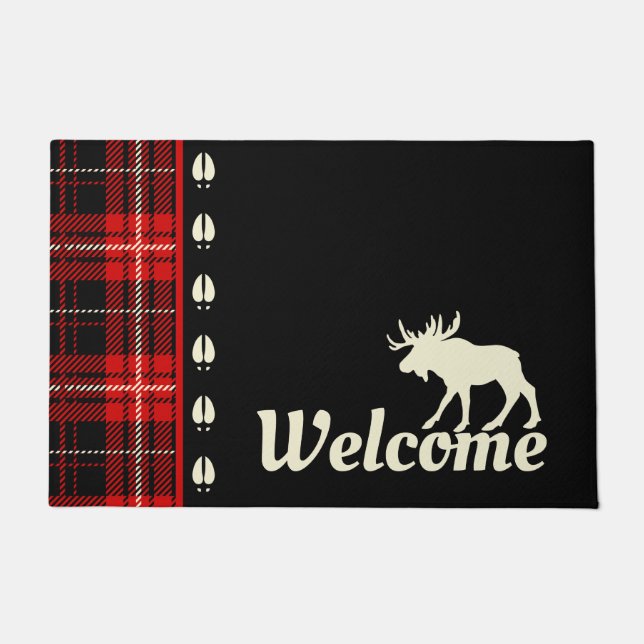Cabin Red Plaid Moose Welcome Doormat (Front)