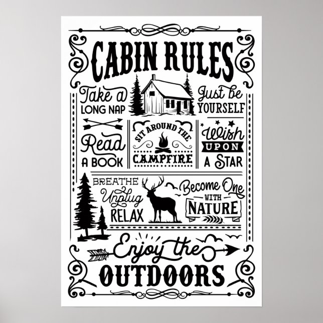 Cabin Rules Black and White Poster (Front)