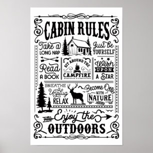 Cabin Rules Black and White Poster