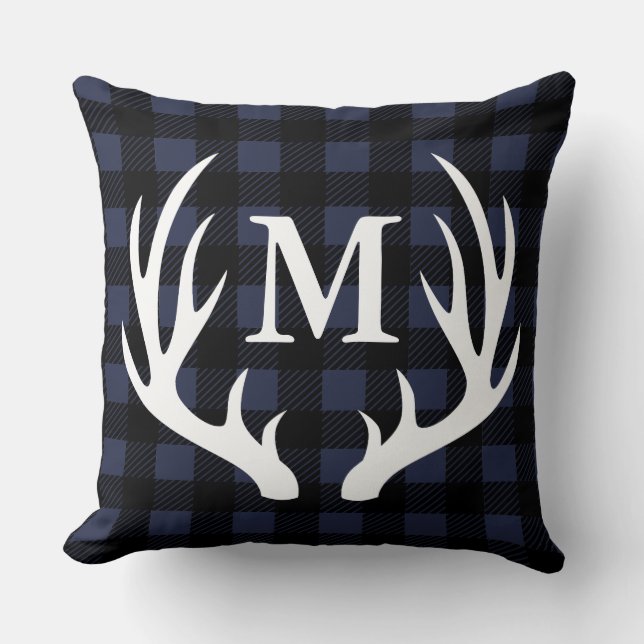 Cabin Rustic Deer Antlers Buffalo Check Plaid Cushion (Front)