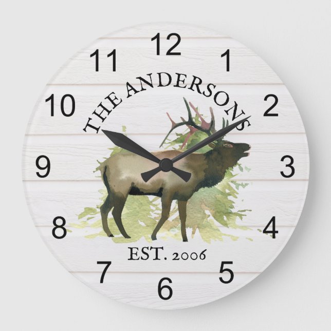 Cabin Rustic Elk wood Personalised Mountain  Large Clock (Front)
