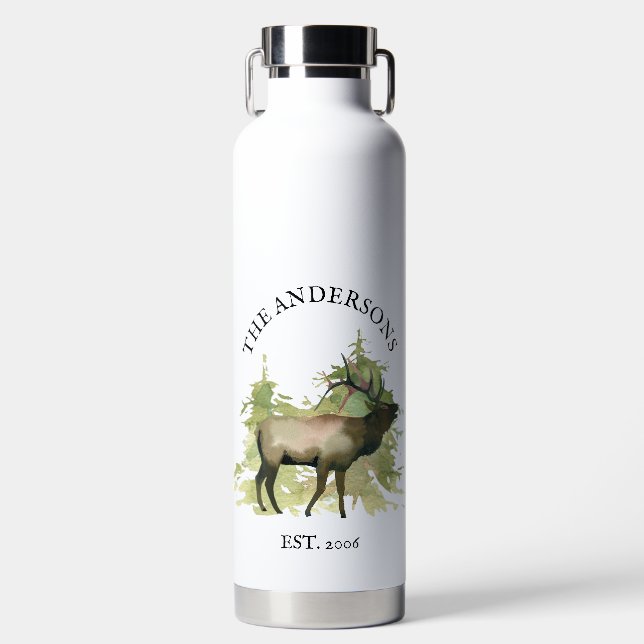 Cabin Rustic Elk wood Personalised Mountain Water Bottle (Front)