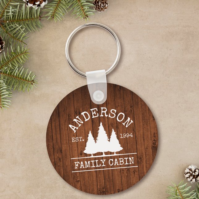 Cabin Rustic Wood Family Name Key Ring (Customize to change text size or text style.)